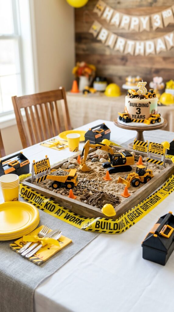 Mini construction zone centerpiece with sand and toy trucks