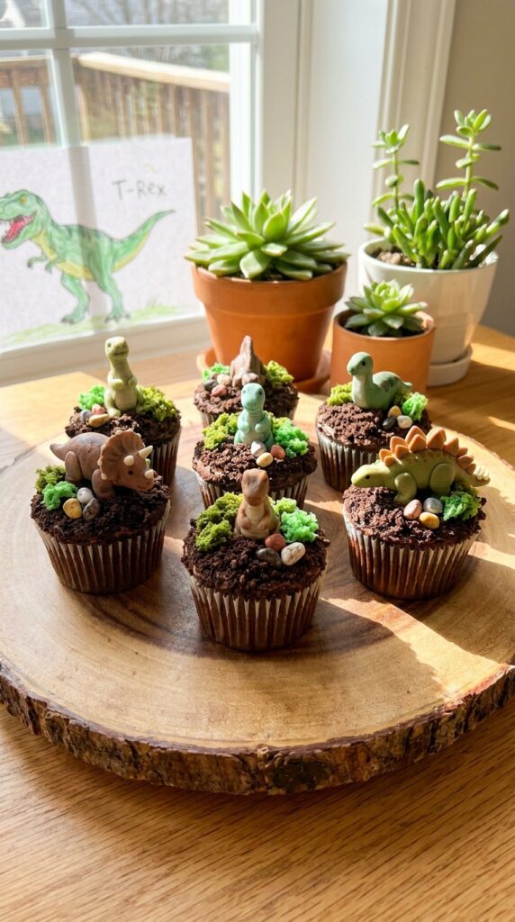Mini dinosaur garden cupcakes with green frosting and figures