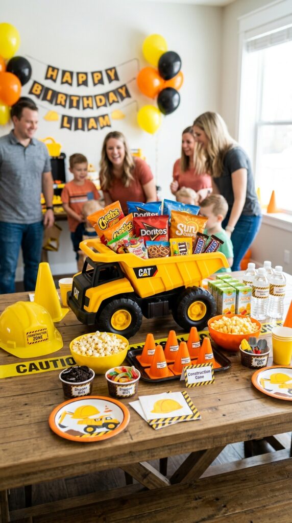 Toy dump truck filled with snacks as centerpiece