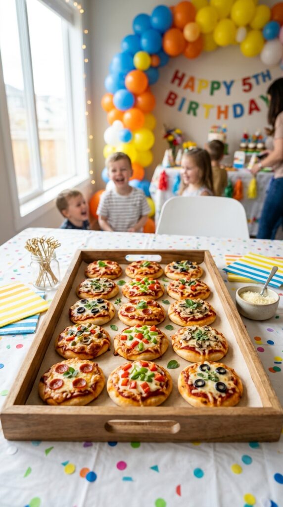 : Mini pizzas arranged for kids birthday party