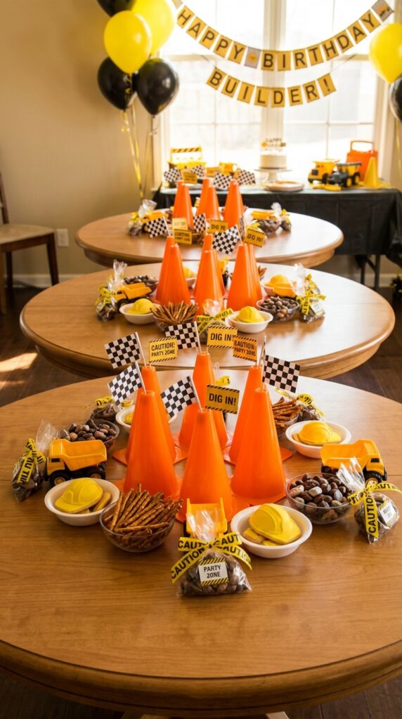 Table decorated with mini traffic cones