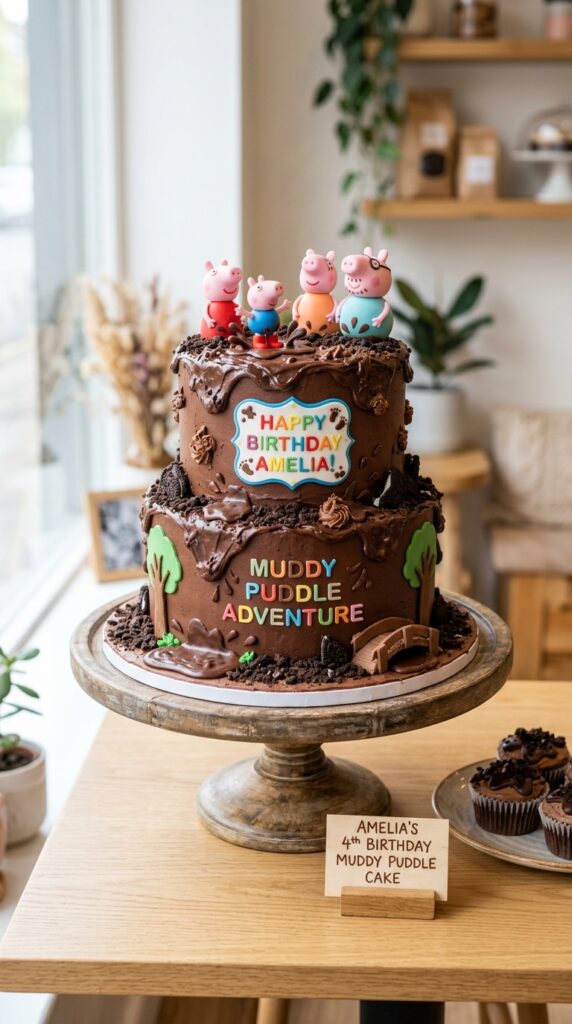 Chocolate muddy puddle cake with Peppa Pig themed decorations