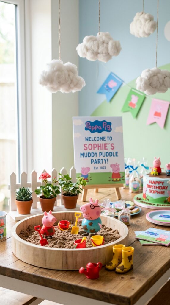 Peppa Pig muddy puddles activity station with kinetic sand tub, rubber boots, and cloud decorations
