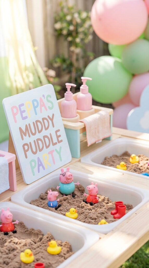 Peppa Pig muddy puddle sensory play activity station for kids birthday party with brown kinetic sand bins and character figurines.