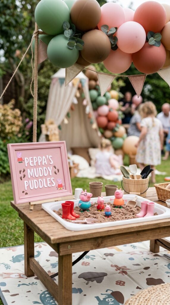 Peppa Pig muddy puddles sensory play station for toddler birthday party