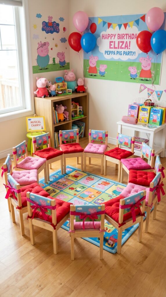 Peppa Pig birthday party musical chairs game setup with pink and red cushioned chairs arranged in a circle.