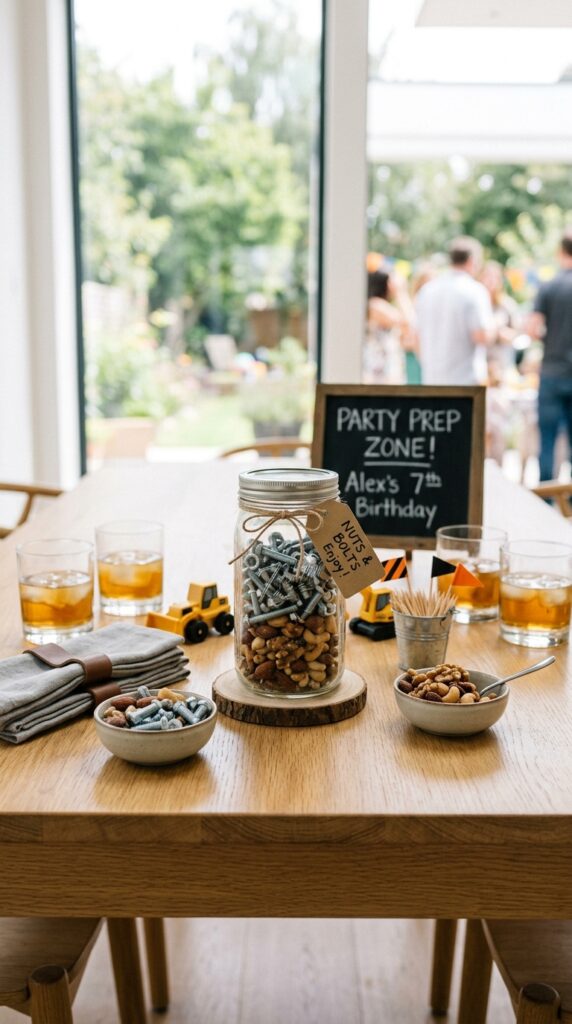 Jar filled with decorative nuts and bolts centerpiece