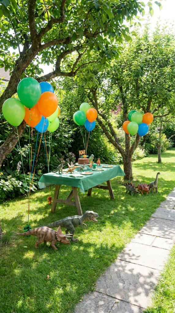 Outdoor dinosaur birthday backdrop in garden