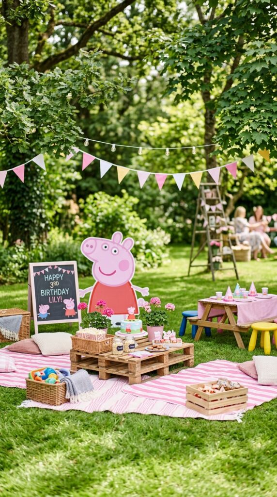 Outdoor Peppa Pig garden party with pink picnic blankets, bunting, fairy lights, and flower pots