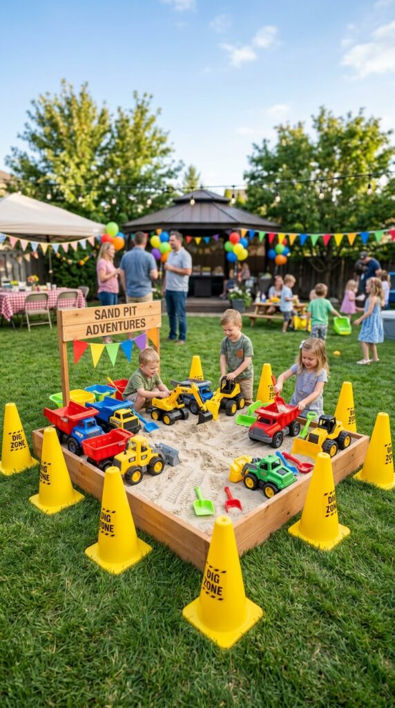 Kids construction party sand digging play area