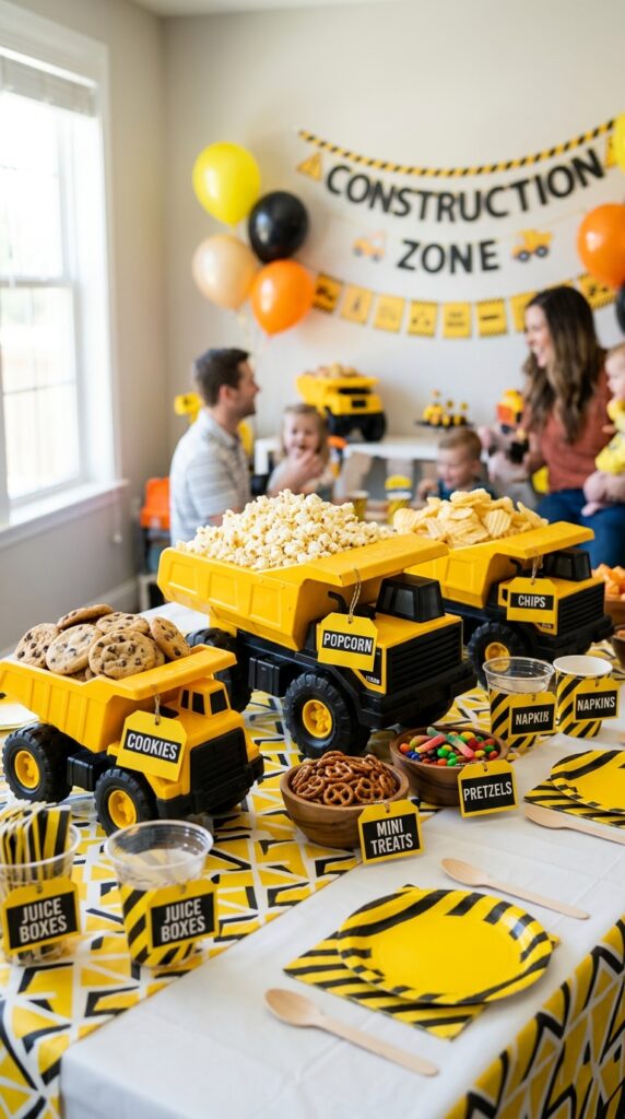 Dump truck snack display with popcorn and party treats