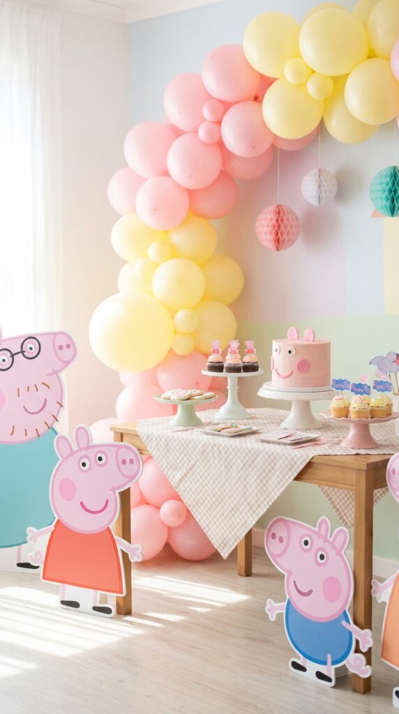 Pastel balloon arch Peppa Pig birthday backdrop