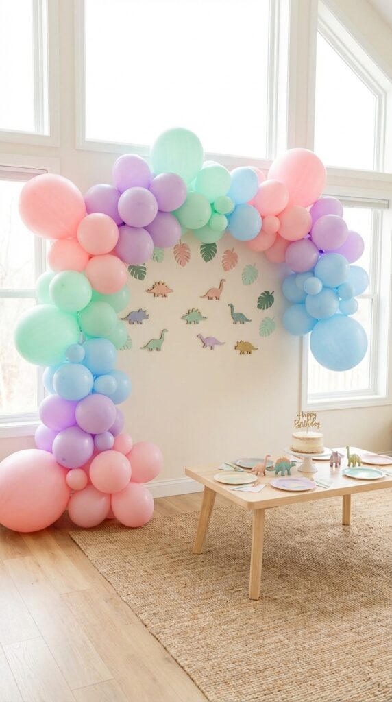 Pastel dinosaur balloon arch with soft pink and lavender decorations