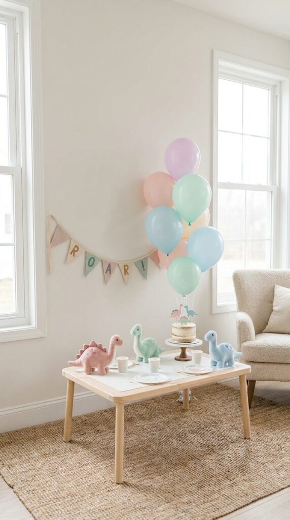 Pastel dinosaur themed birthday party with soft colors and baby-friendly decor