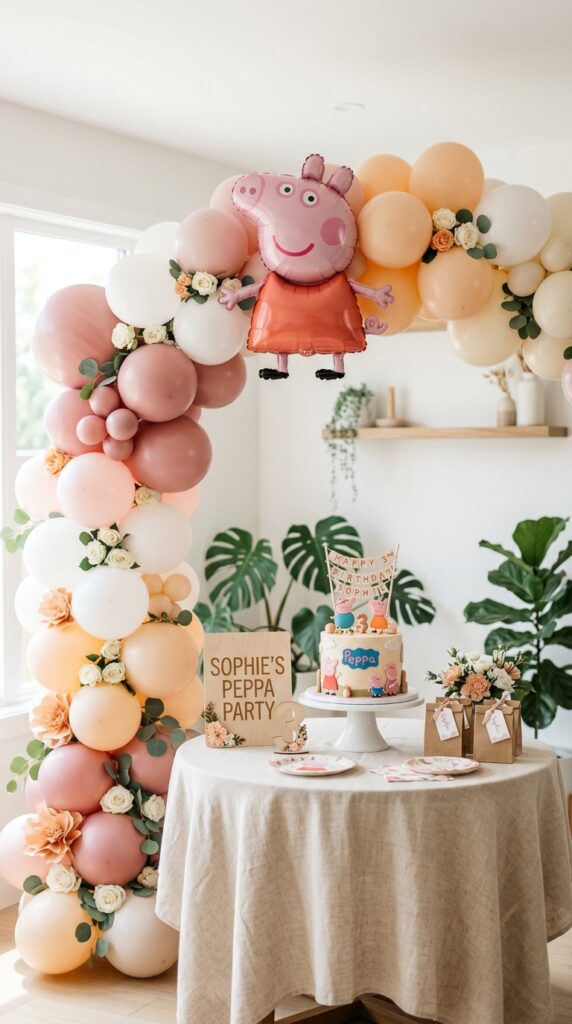 Pastel pink and white balloon arch backdrop for Peppa Pig 2nd birthday party