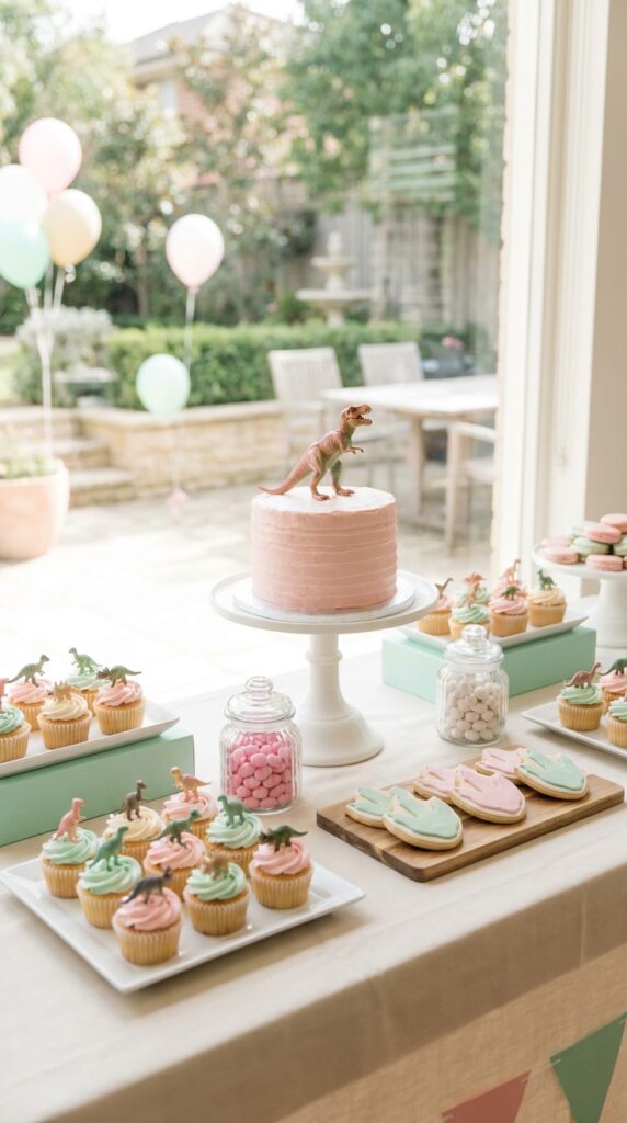 Pastel pink dinosaur dessert table with cupcakes and cake