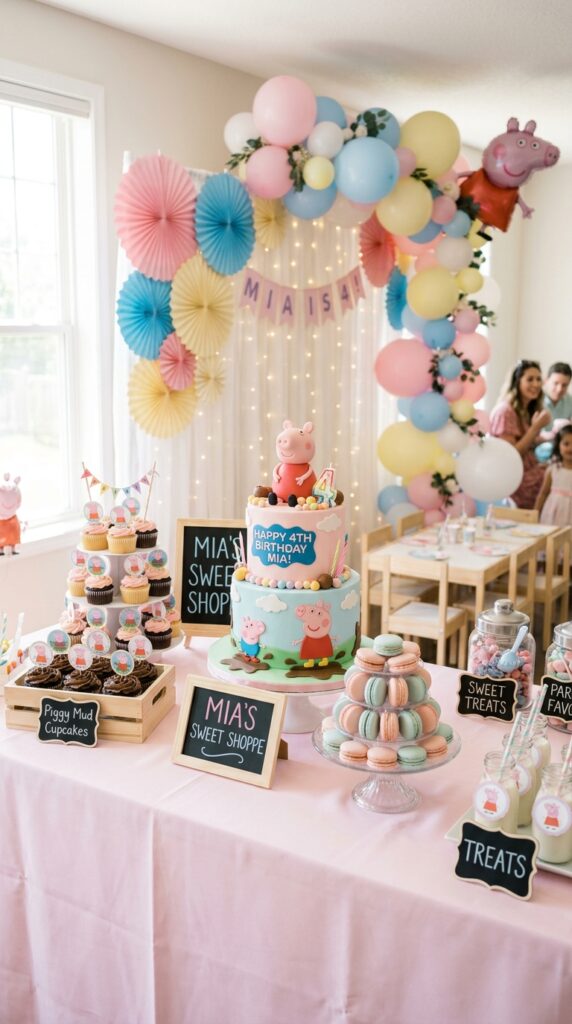 Peppa Pig dessert table with pink cake, cupcakes, candy jars, and paper fan backdrop