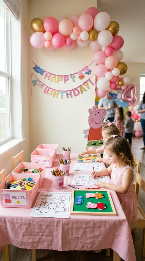 Peppa Pig activity corner for toddlers with coloring sheets, puzzles, and themed decor at a birthday party