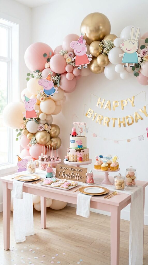 Peppa Pig birthday party balloon arch in pink, white, and gold above dessert table