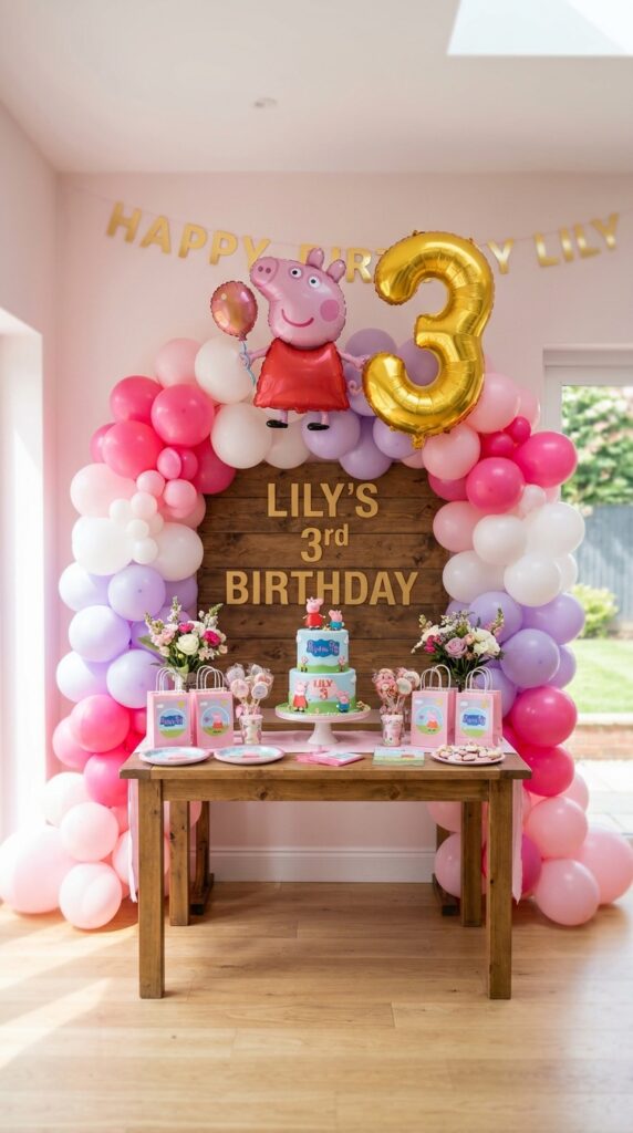 Peppa Pig themed balloon arch in pastel pink and white for a toddler birthday party entrance