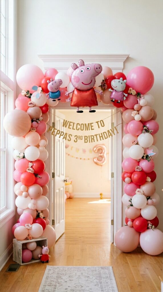 Peppa Pig balloon arch entrance for a 1st birthday party with pink and white balloons and a Peppa cutout centerpiece.