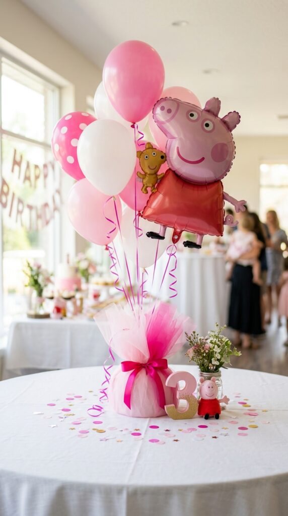 Peppa Pig balloon table centerpieces in pink and white with foil character balloons and confetti for a birthday party.