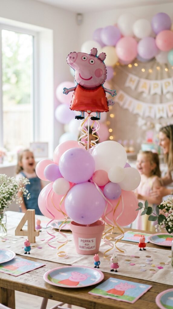 Peppa Pig balloon centerpiece in pink and white for a birthday party table setup