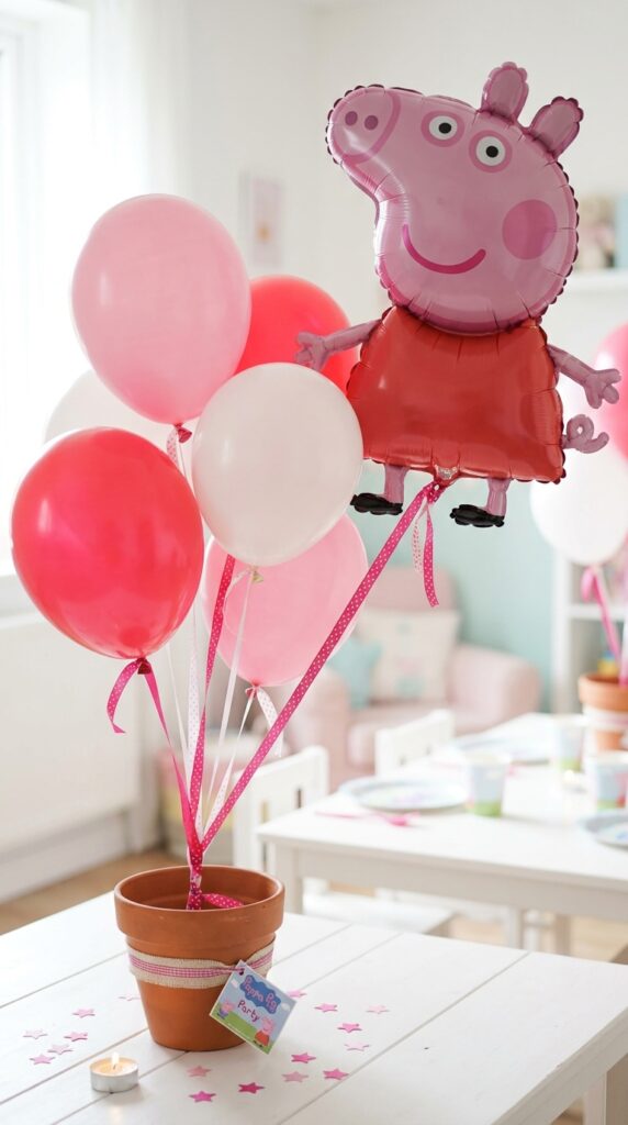 Peppa Pig birthday party favor table with pink gift bags, character stickers, and thank-you tags on styled display.