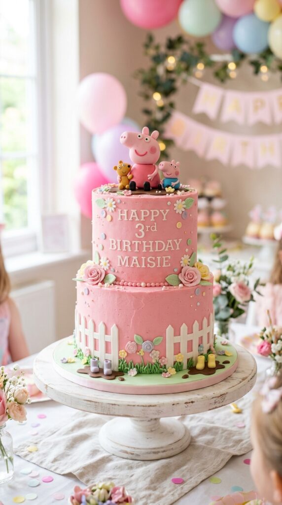 Peppa Pig fondant birthday cake in pastel pink with character topper for a toddler 3rd birthday