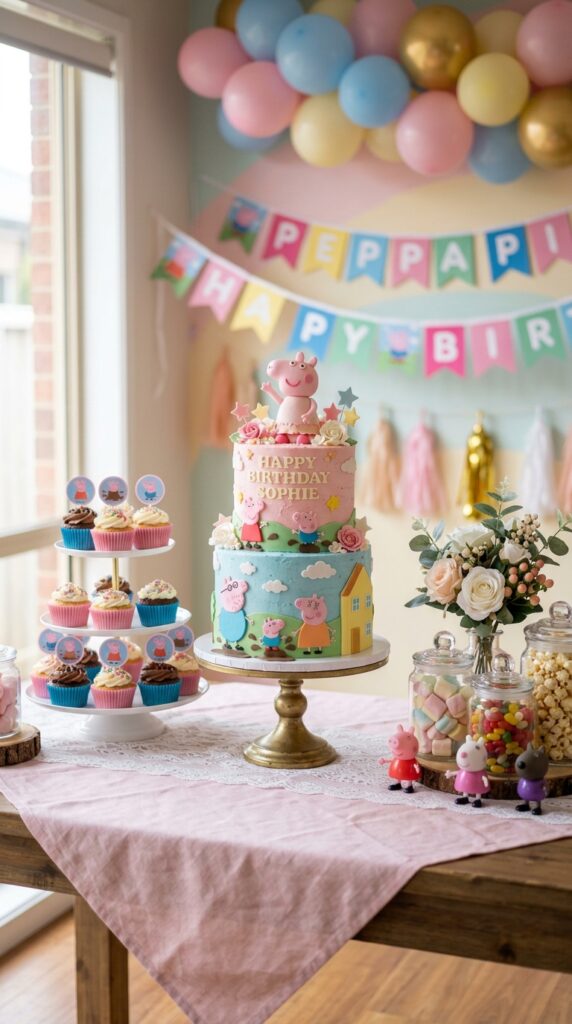 Peppa Pig cake table with layered desserts, figurines, pink florals and themed banner