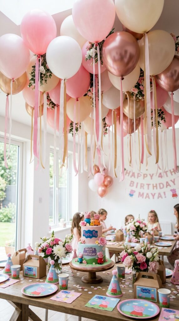 Peppa Pig ceiling balloon installation with pink, white, and rose gold balloons and ribbon tails