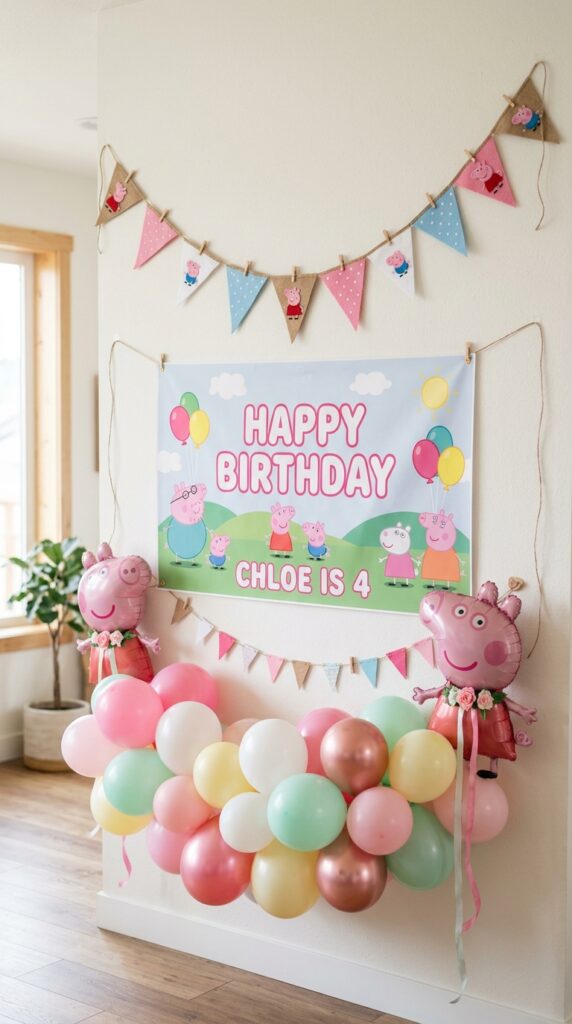 Pink and white Peppa Pig birthday bunting and banner hung above a party table with balloons below.