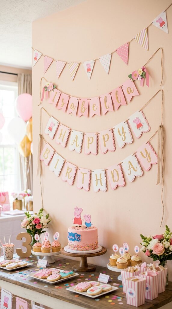 Peppa Pig character cutout photo booth with balloon garland and toddler props at a birthday party
