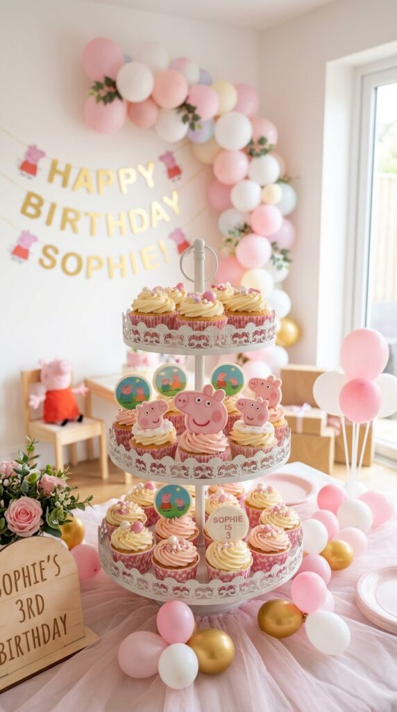 Three-tier Peppa Pig birthday cupcake tower with pink buttercream swirls, fondant character toppers, and themed decorations.