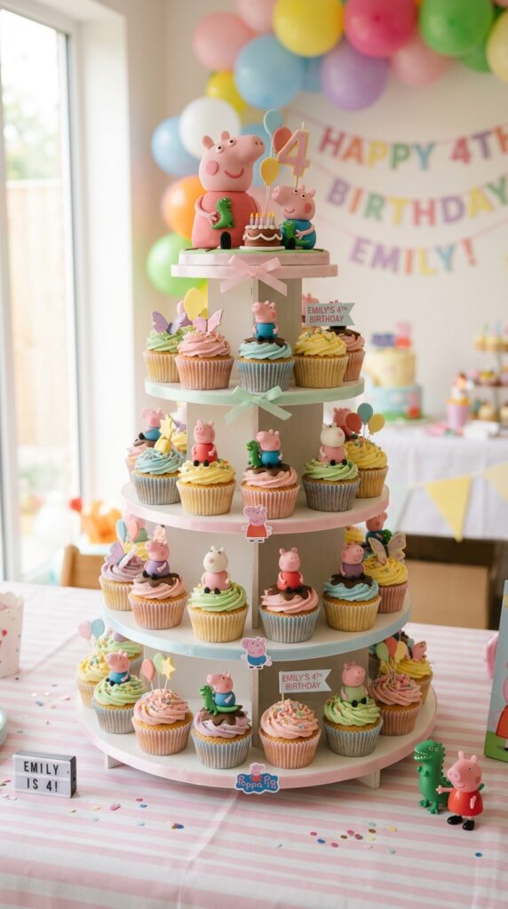 Cupcake tower with Peppa Pig decorations