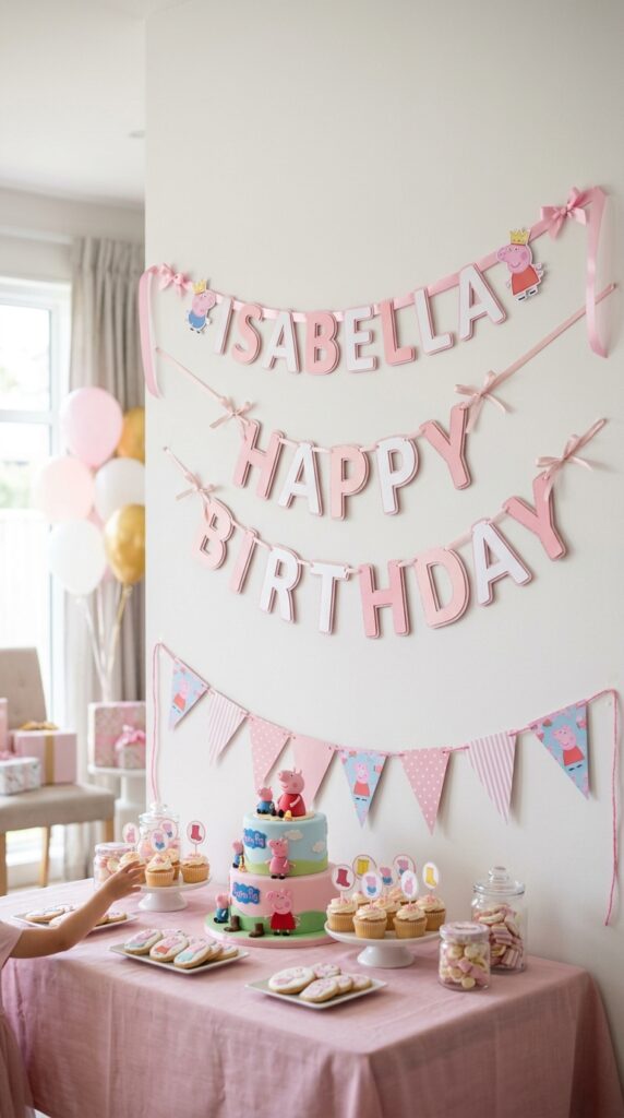 Peppa Pig character cutout photo booth with balloon garland and toddler props at a birthday party