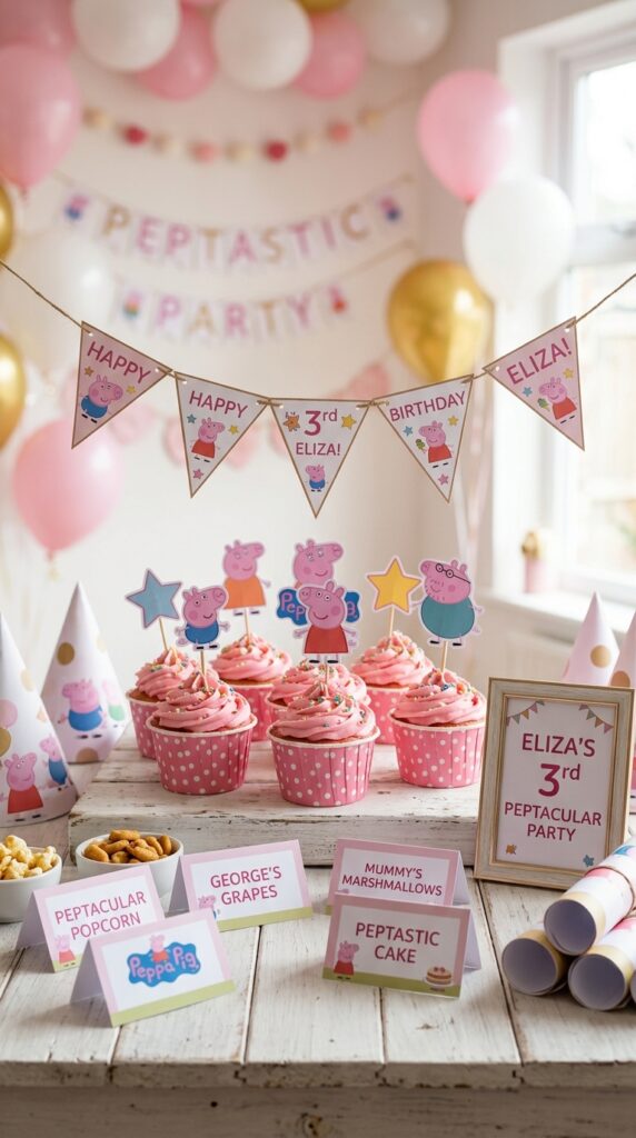 Peppa Pig printable party decorations including bunting cupcake toppers and food labels in pink