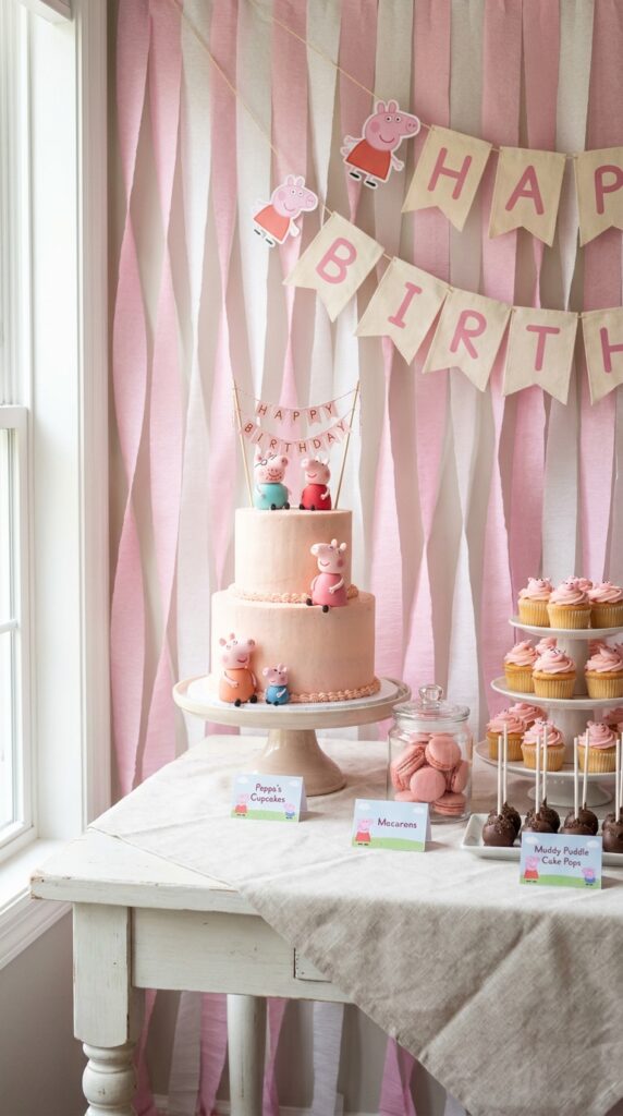 Peppa Pig themed birthday party dessert table with pink cake, cupcakes, macarons, and streamer backdrop.