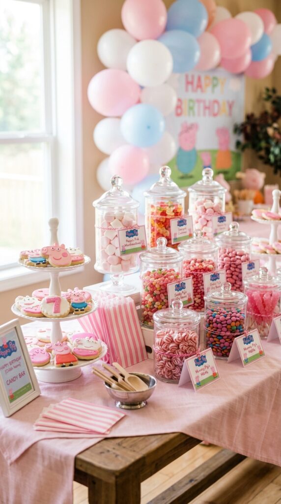 Peppa Pig candy bar dessert table with pink treats in glass jars and label cards