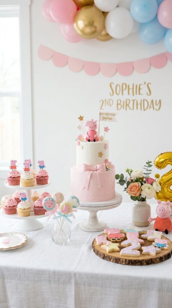 Peppa Pig birthday dessert table with tiered cake, pink cupcakes, and a scalloped backdrop for a 1st birthday party setup.