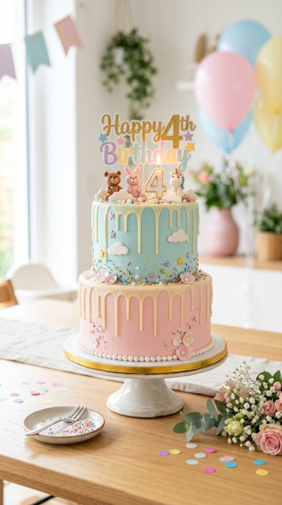 Pink drip cake with Peppa Pig theme and colorful decorations