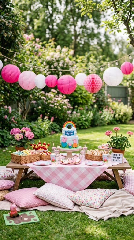 Peppa Pig outdoor garden party with picnic table pink lanterns fairy lights and potted flowers