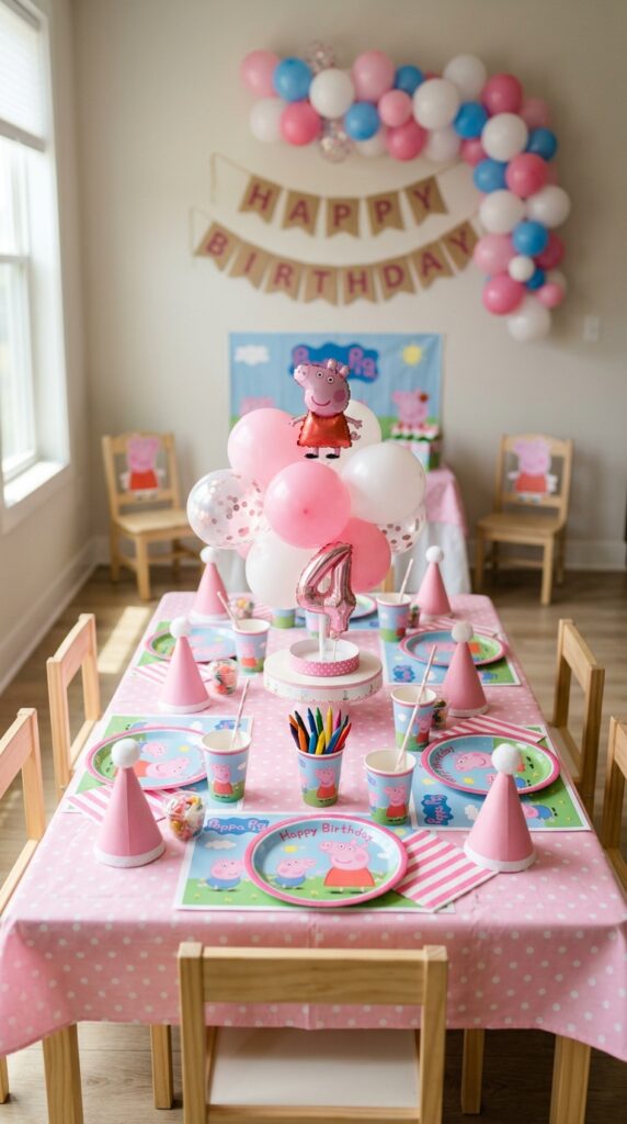 Peppa Pig kids table with polka dot tablecloth, themed plates, party hats, and coloring placemats