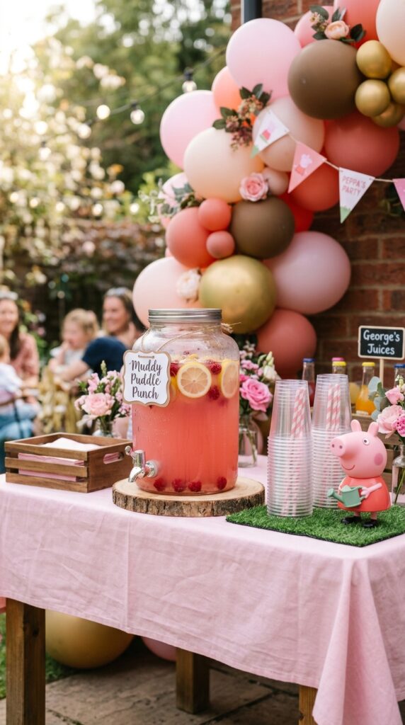 Peppa Pig muddy puddle punch station with pink lemonade dispenser and themed decorations at a birthday party