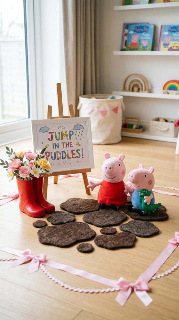 Peppa Pig muddy puddles play zone with brown felt circles on floor, red Wellington boots, and plush Peppa Pig toys for a toddler birthday party.
