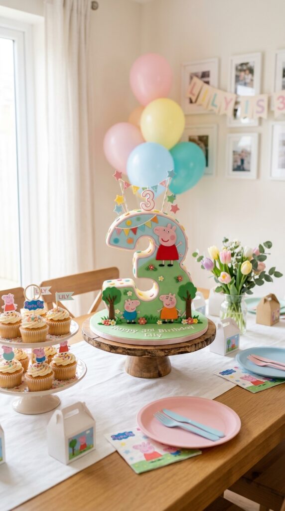 Number shaped cake decorated in Peppa Pig theme