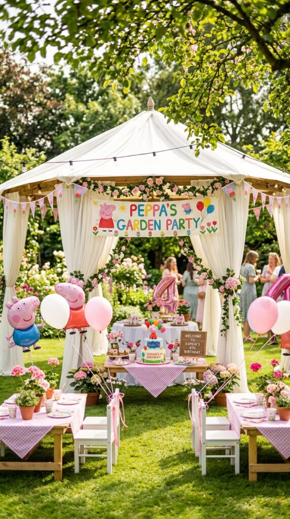 Outdoor Peppa Pig garden party setup with a draped gazebo, gingham tablecloths, potted pink flowers, and balloon decorations in natural daylight.