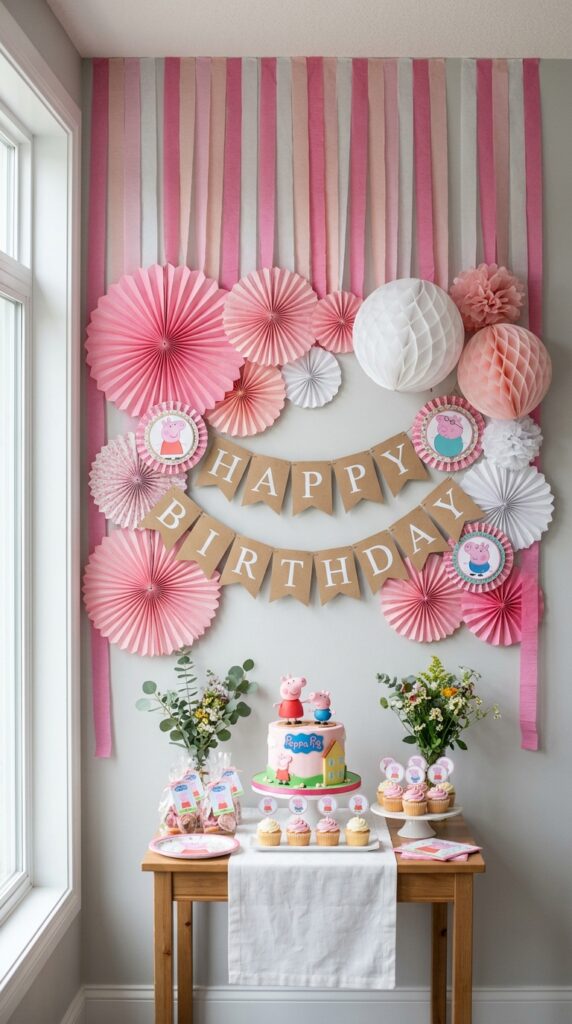 Peppa Pig paper backdrop with pink paper fans, honeycomb balls, crepe streamers, and birthday banner