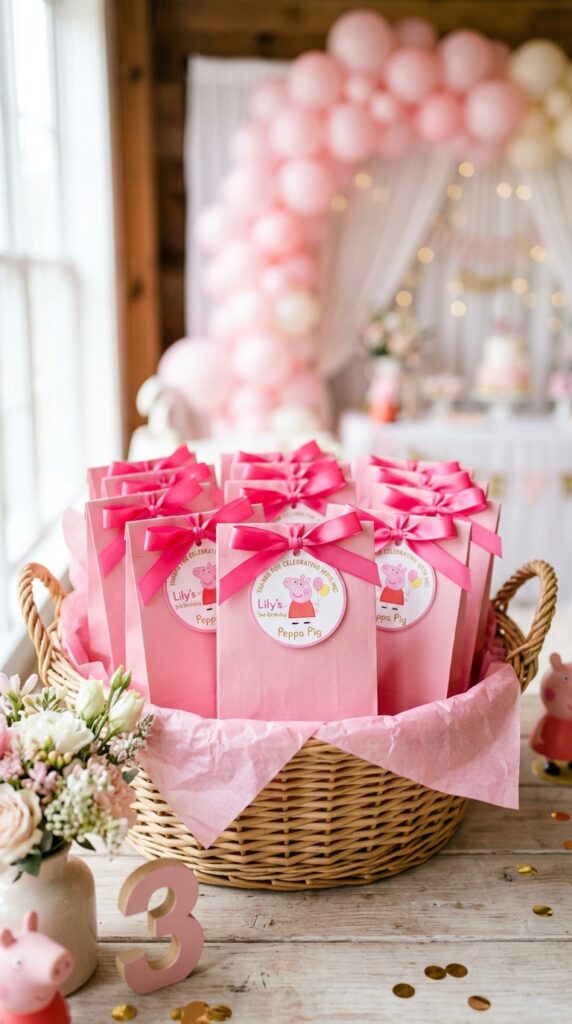 Peppa Pig themed party favor bags with pink ribbons and thank you tags arranged in a basket