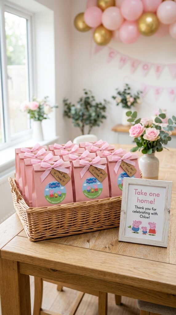 Peppa Pig party favor bags in pink kraft paper with ribbon tags arranged in a wicker basket with a thank-you sign.